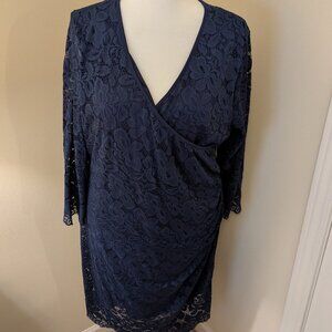 Navy Lace Wrap Style Dress - Ruched Waist - 3/4 Sleeves - Plus Size 3xl
